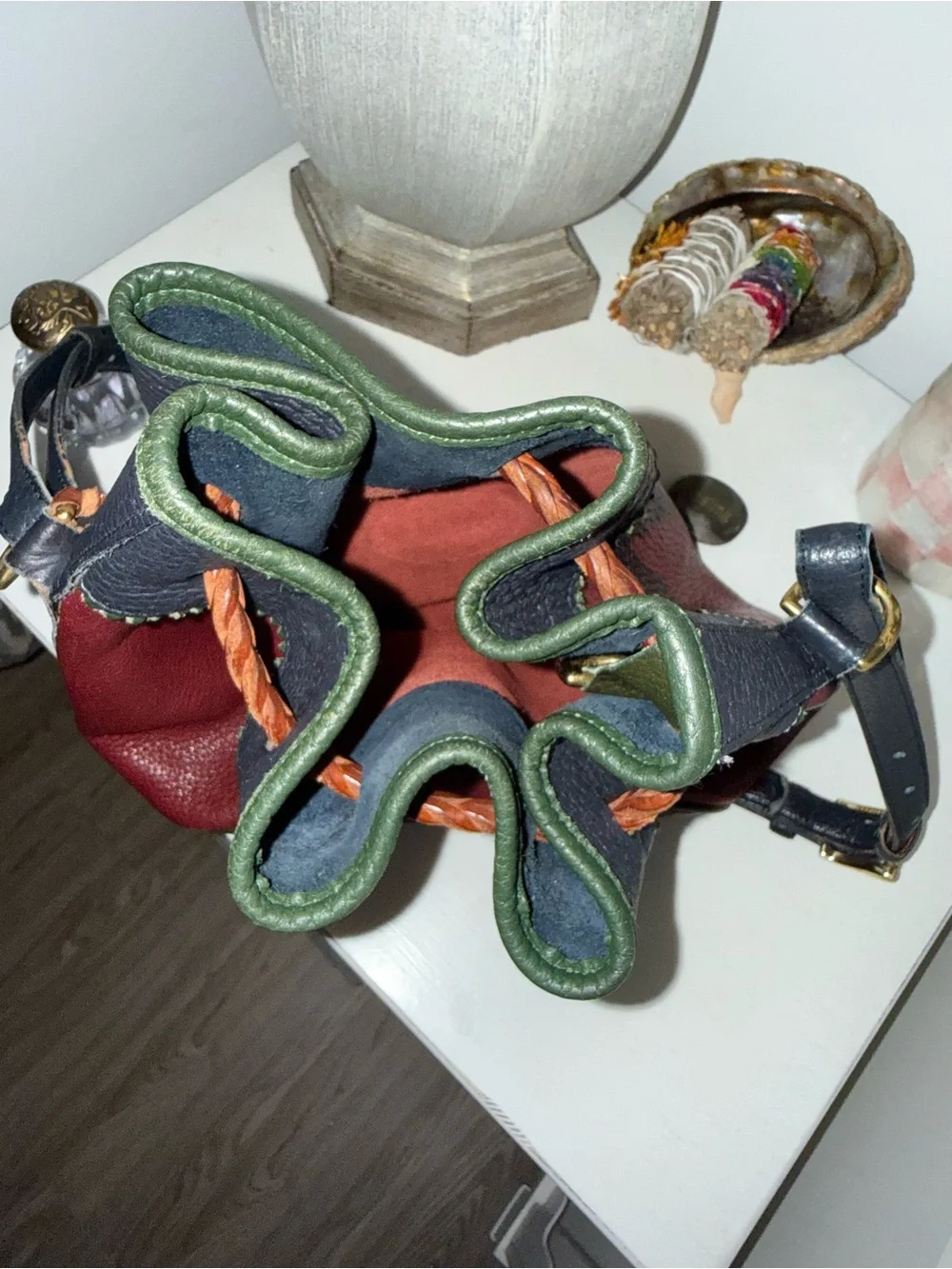Very RARE Dooney & Bourke Burgundy Bucket Bag with Green Trim and Brown Accents